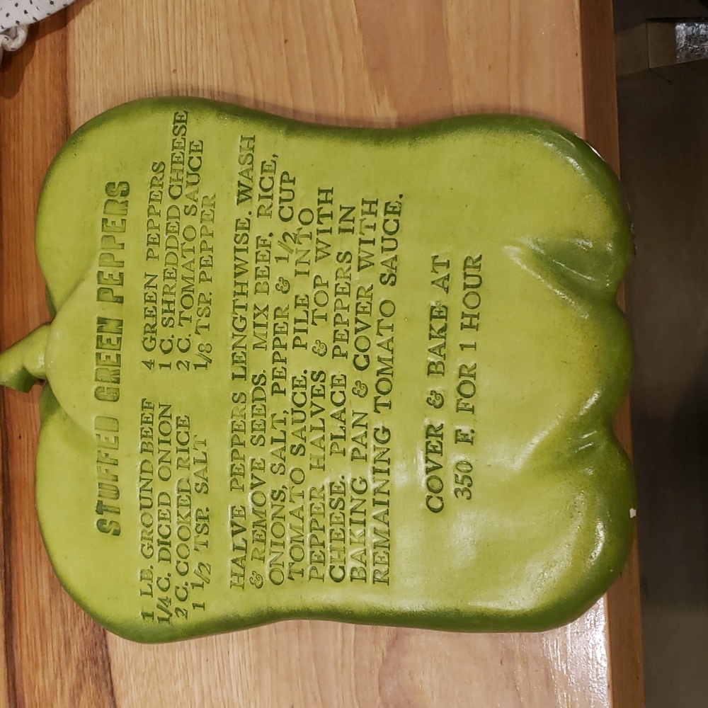 Vintage stuffed green pepper recipe hanging.